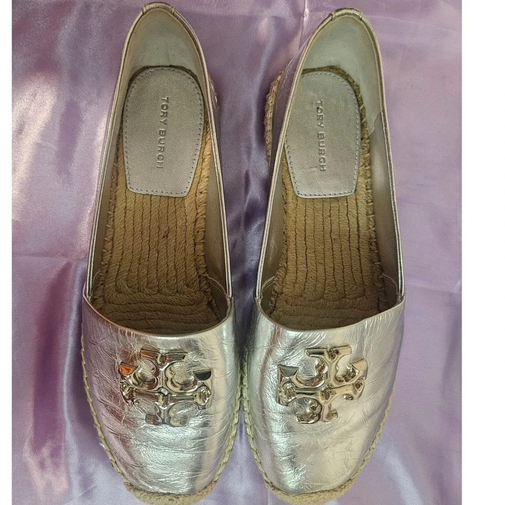 Tory Burch Eleanor Silver Metallic Leather Espadrille Flats Double T Logo 8.5M